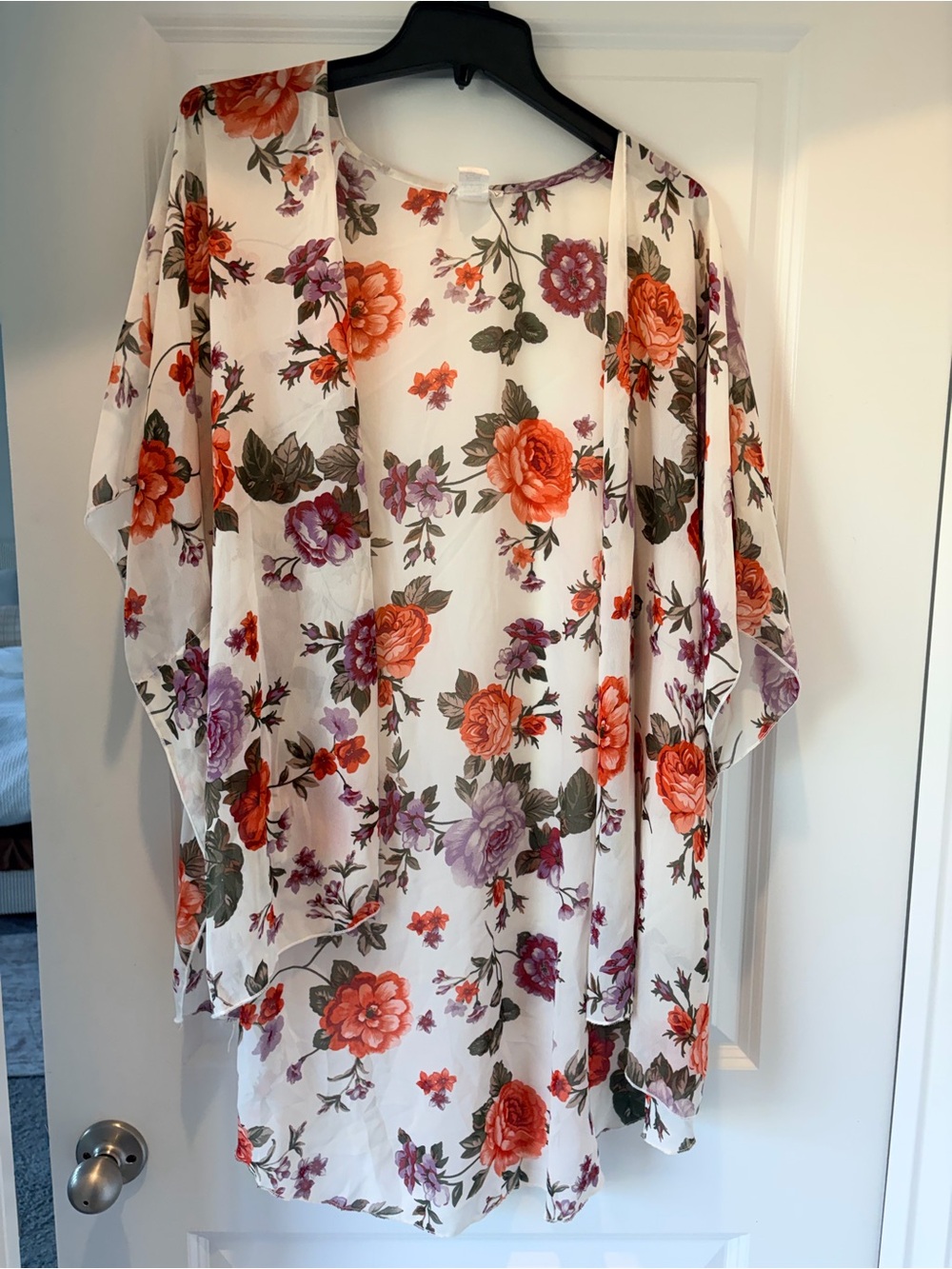 Floral Kimono Cardigan - White with Red & Purple Flowers